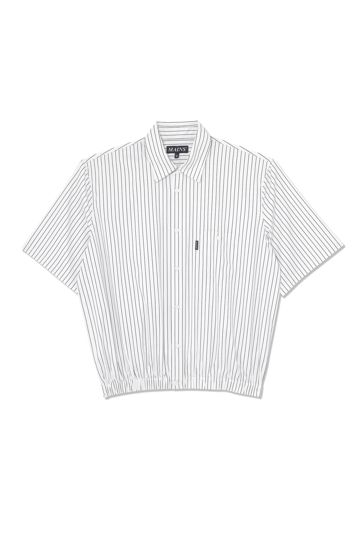 White and Black Pinstripe Short Sleeve Shirt with Elasticated Hem