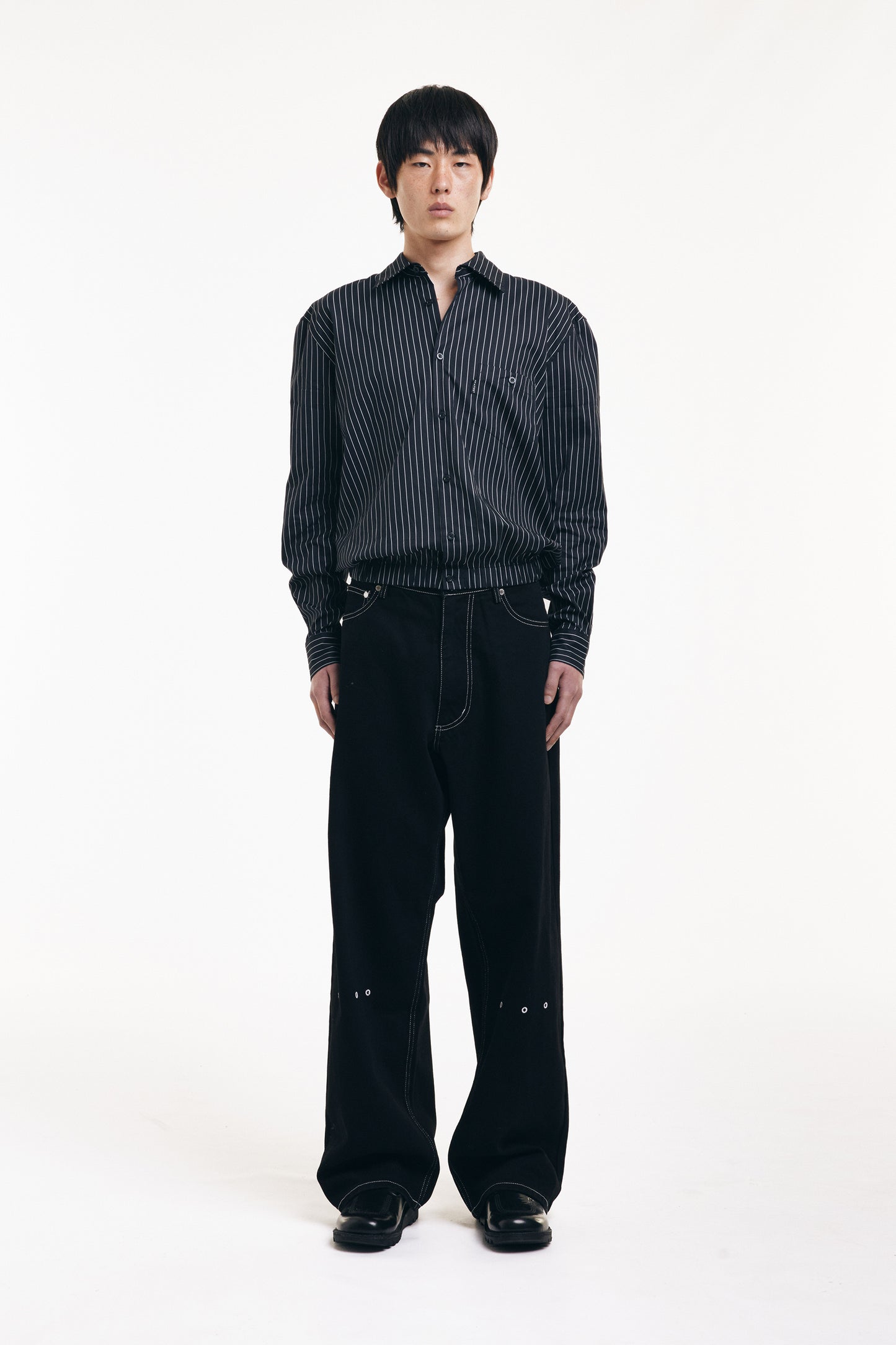 Black and White Pinstripe Long Sleeve Shirt with Elasticated Hem