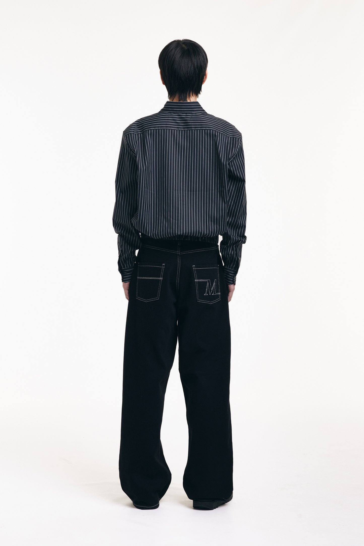 Black and White Pinstripe Long Sleeve Shirt with Elasticated Hem
