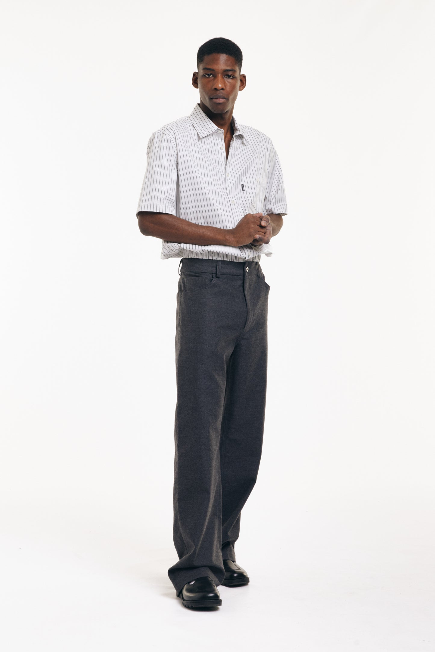 White and Black Pinstripe Short Sleeve Shirt with Elasticated Hem